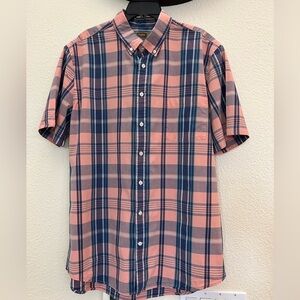 FOUNDRY COMFORT STRETCH XLT PINK BLUE BUTTON UP SHORT SLEEVE PLAID TOP cotton